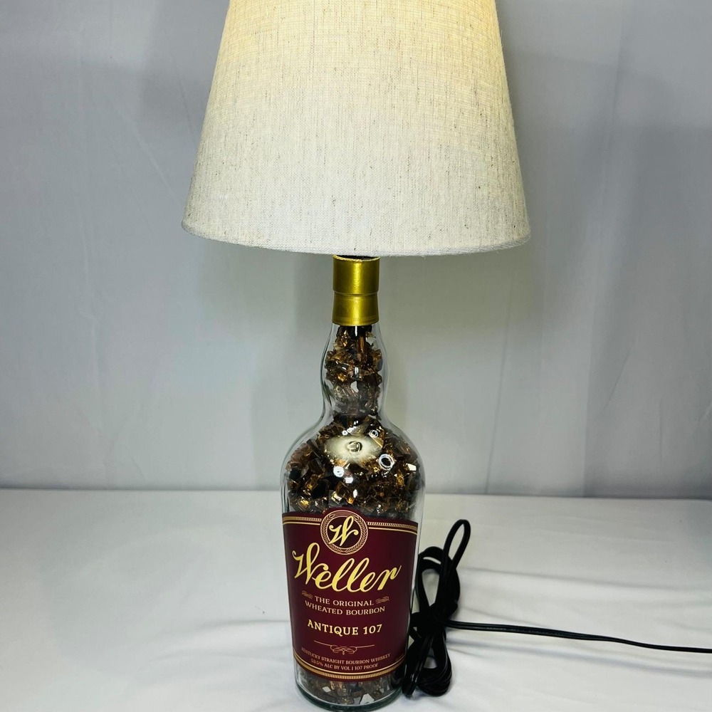 Weller Antique 107 Bourbon Bottle Lamp Upcycled Whiskey Decor with Linen Shade